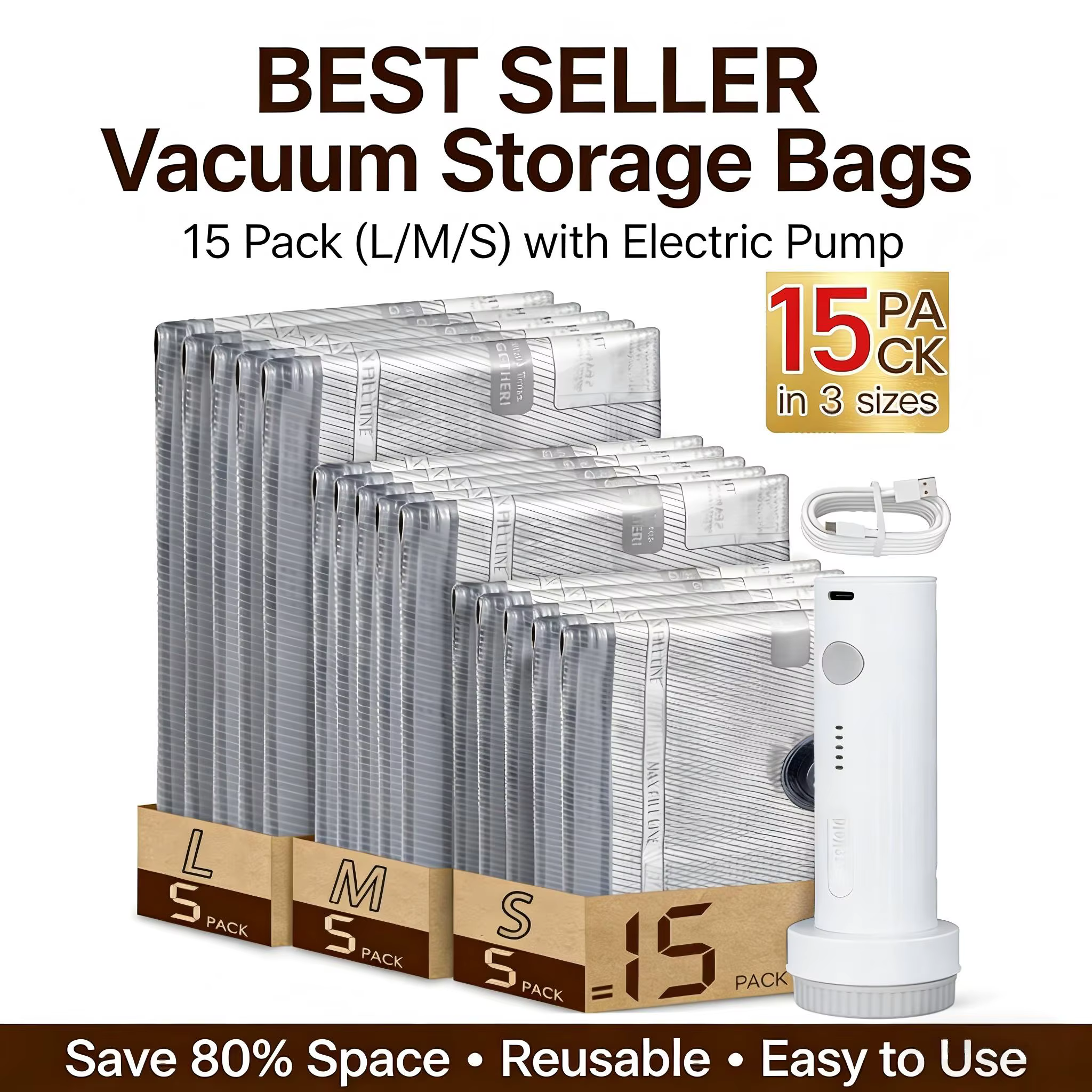Sacs sous vide pour voyage avec pompe à air rechargeable, sacs de compression format cabine pour bagages et valises, gain de place