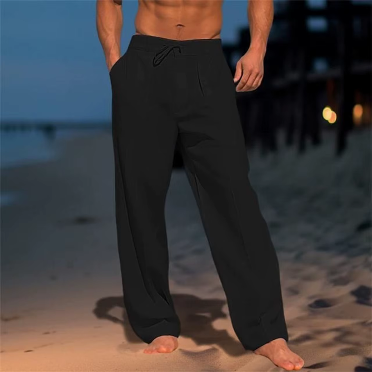 Pantalon en lin pour hommes, plage d'été, Style basique décontracté, vacances, coupe ample, respirant, usage quotidien, scène de plage, pantalon de costume approprié