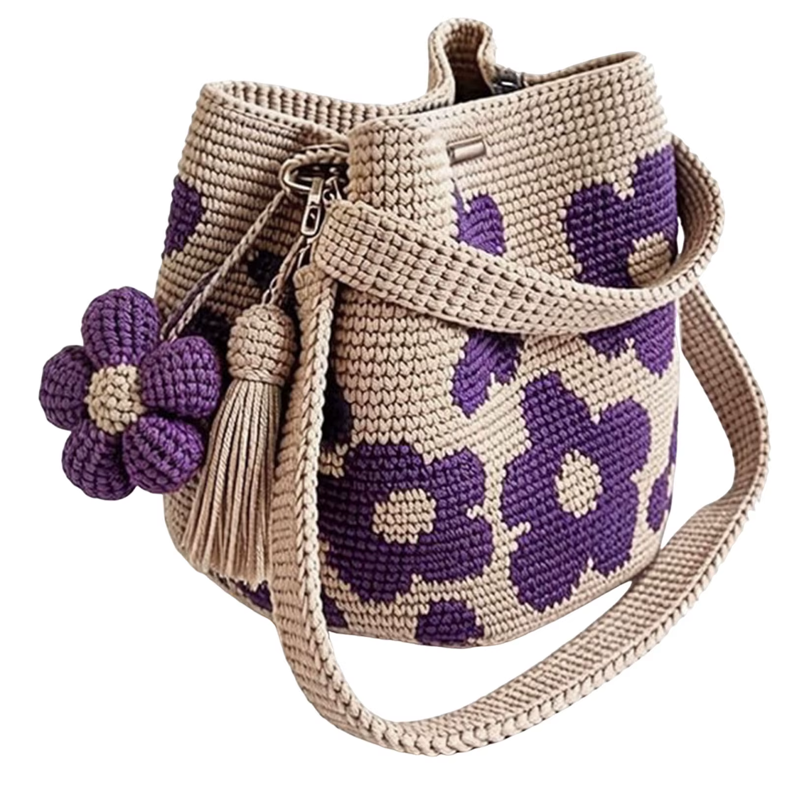 Sac fourre-tout en crochet fait main pour femme avec pendentif pompon