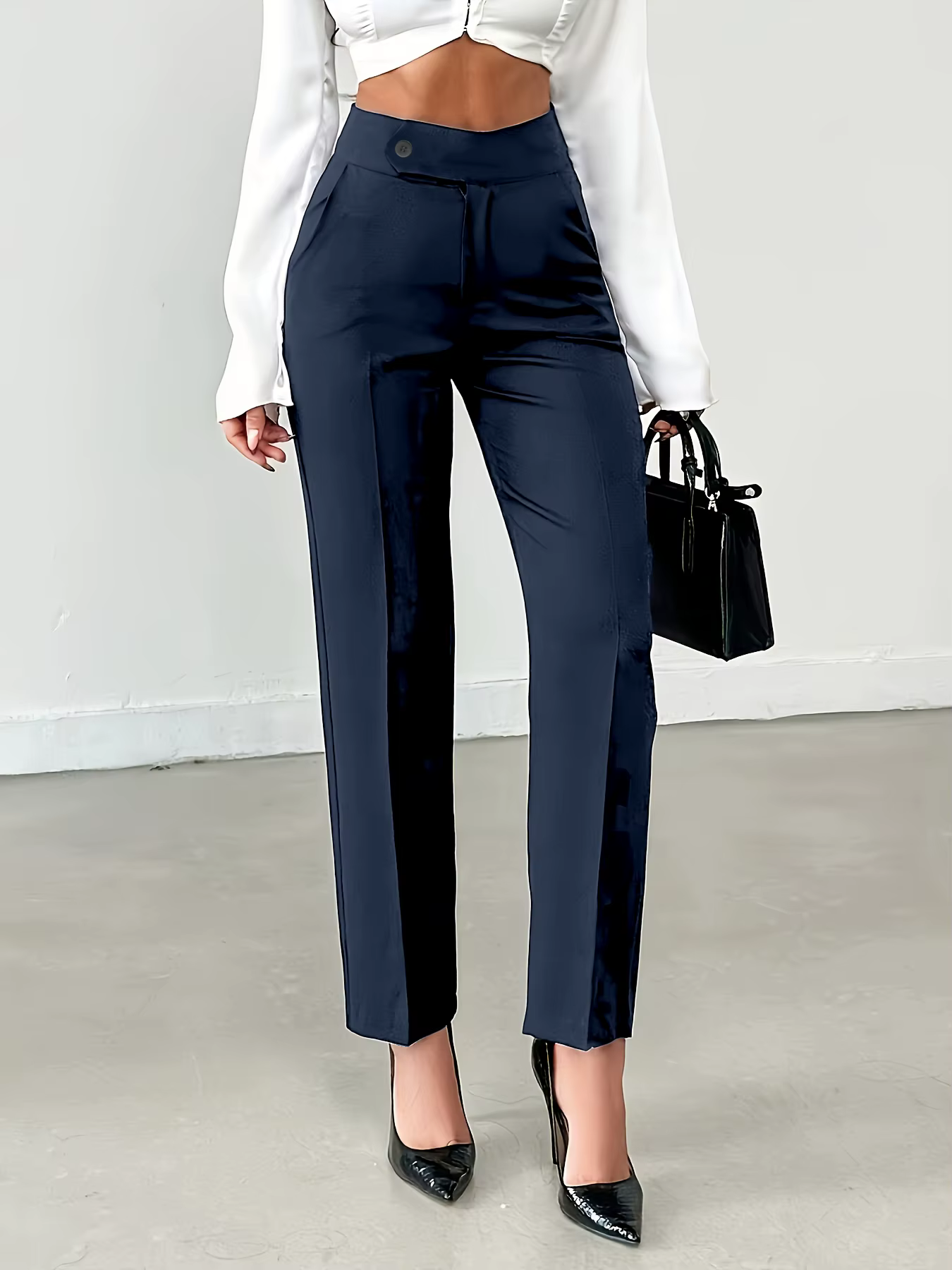 Pantalon de costume droit taille haute marron pour femme