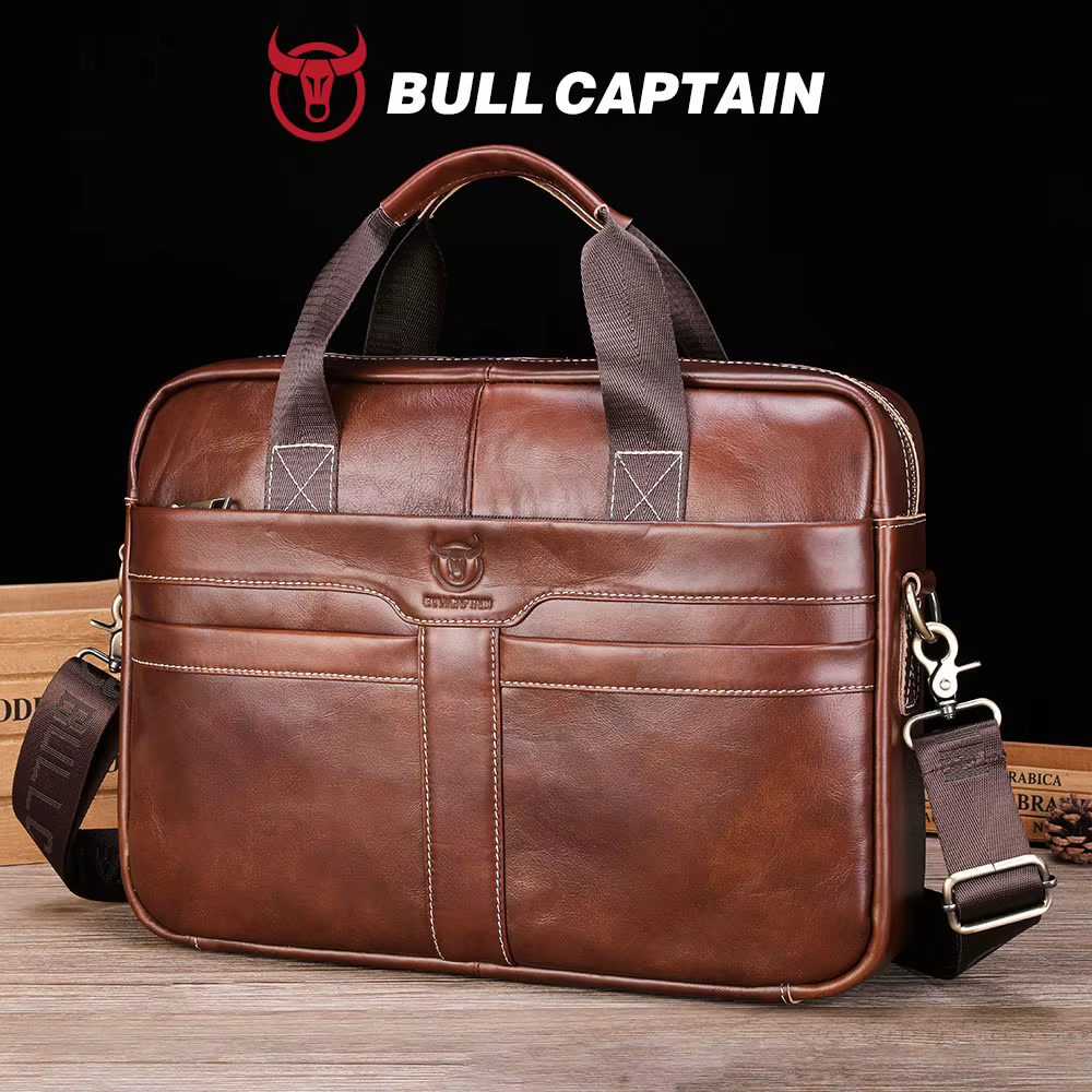 BULLCAPTAIN-Sac pour ordinateur portable en cuir pour homme, couche supérieure, sac pour ordinateur portable 15 ", étui à bombes pour ordinateur portable pour homme, étui de travail, sac de voyage d'a