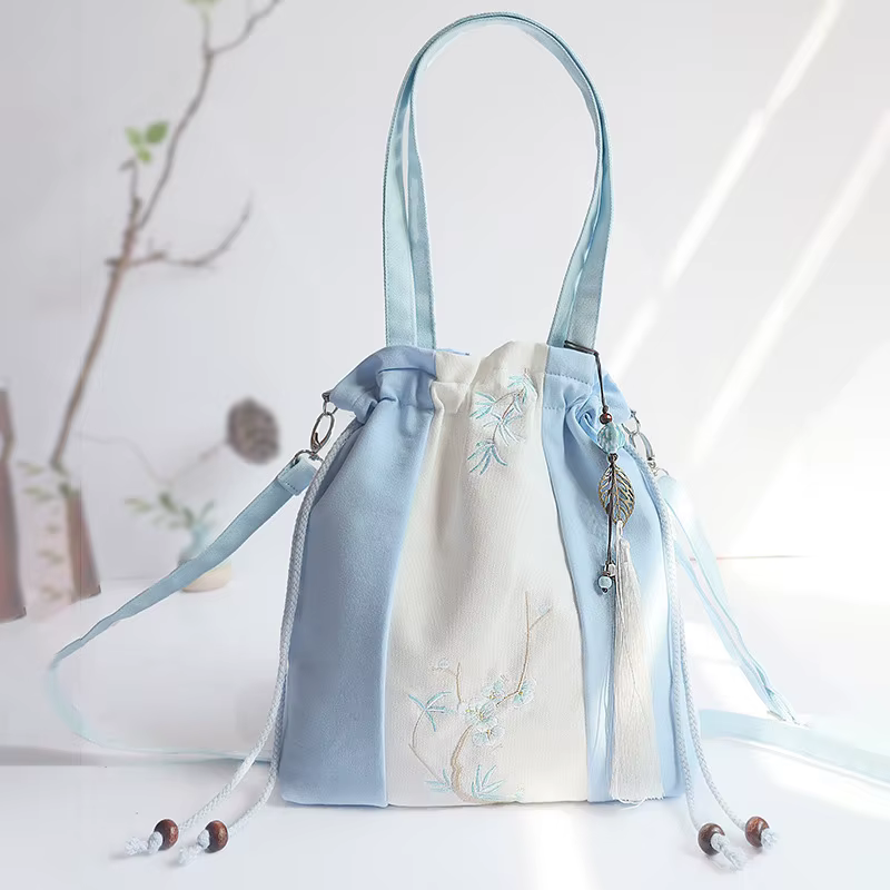 Sac à main Hanfu de Style chinois, sac à bandoulière littéraire Vintage avec broderie de fleurs, sacoche de Style ancien, sac à cordon