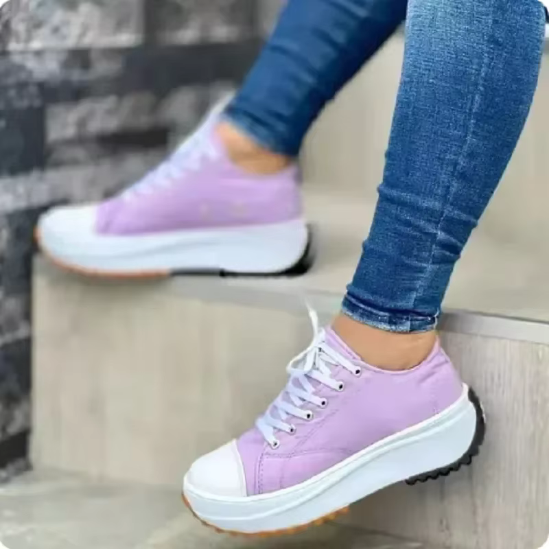 Baskets Classiques en Toile Blanche pour Femme, Chaussures Solides à Lacets, Décontractées, à Plateforme