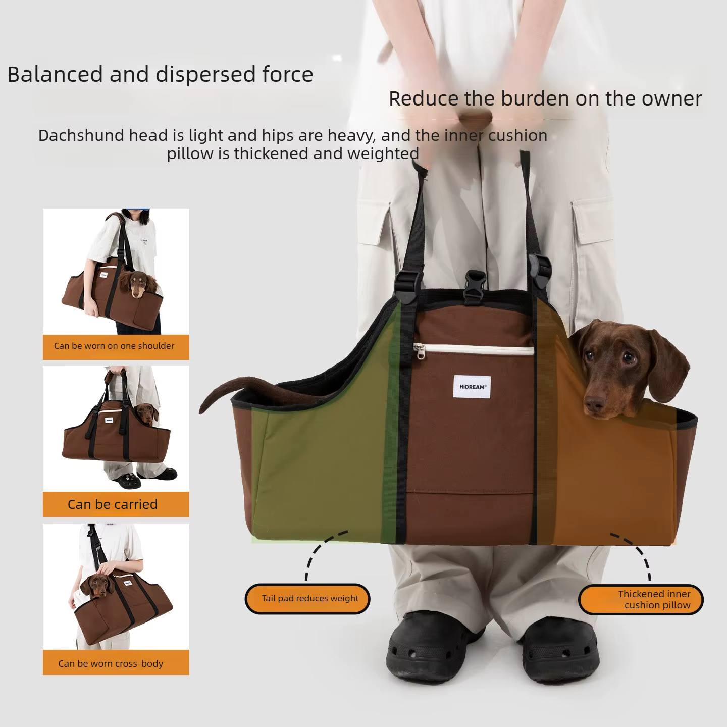 Sac à bandoulière pour animaux de compagnie pour chiens à corps long (Dachshund), longueur étendue de 56 cm, coussin de soutien ergonomique, entrée basse en forme de U, transport 3 directions
