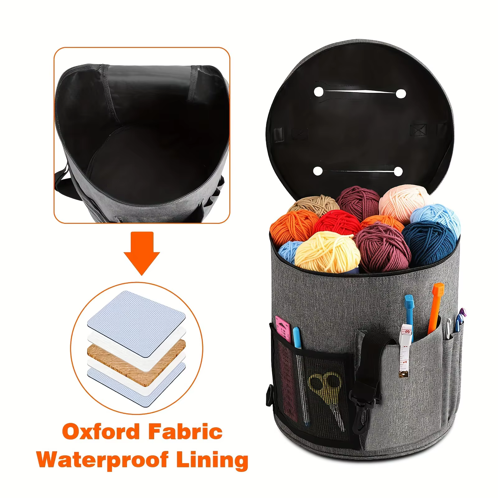 Sac fourre-tout au crochet de grande capacité avec poche avant, rangement de fil, crochets, fils grossiers