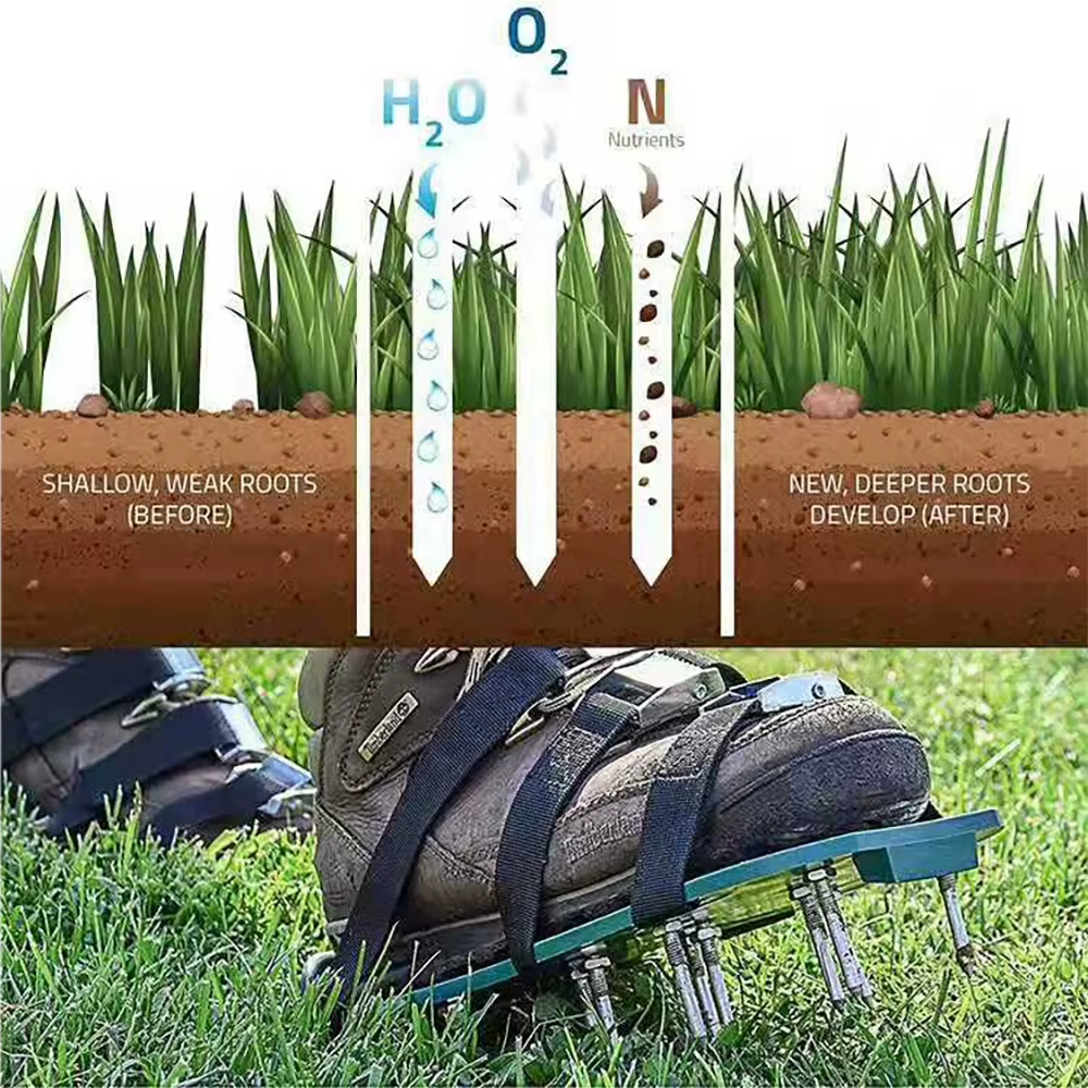 Chaussures d'aération de pelouse haut de gamme avec 5 clous en acier de 5 cm pour l'aération et la culture de l'herbe, outil de jardinage auto-nivelant