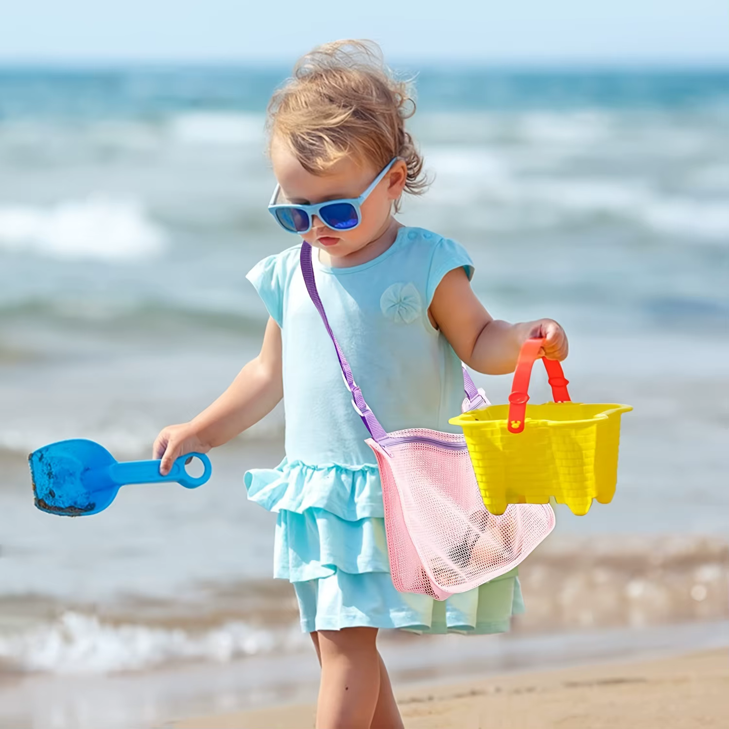 Sac de plage en maille pour enfants, avec sangle réglable, fermeture éclair, sac de rangement pour la plage et la piscine, résistant au sable, séchage rapide, léger