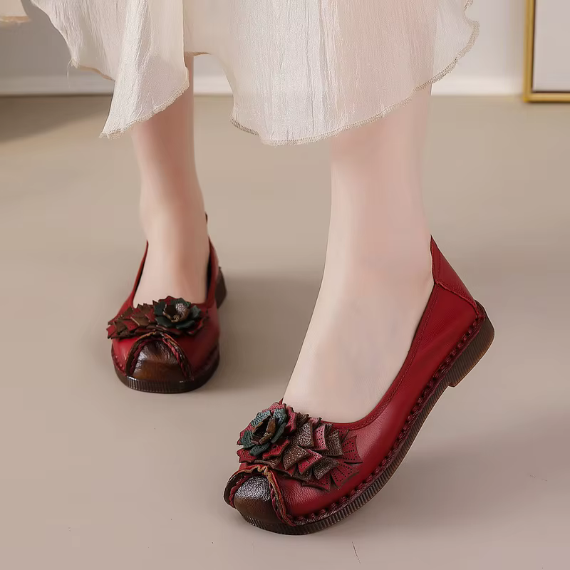Mocassins Ballerines Vintage Ornés à Motifs Floraux pour Femme, Faits Main en Cuir Véritable, Chaussures de Conduite Exquises à Enfiler, Ballerines Artisanales pour Femme