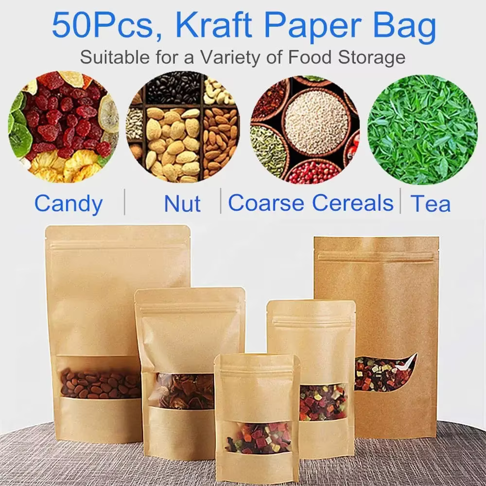 Sacs en papier Kraft à fermeture éclair, sac alimentaire réutilisable, pochettes debout avec fenêtre mate, 50 pièces marron (9x14cm), sac de conservation des aliments, joint