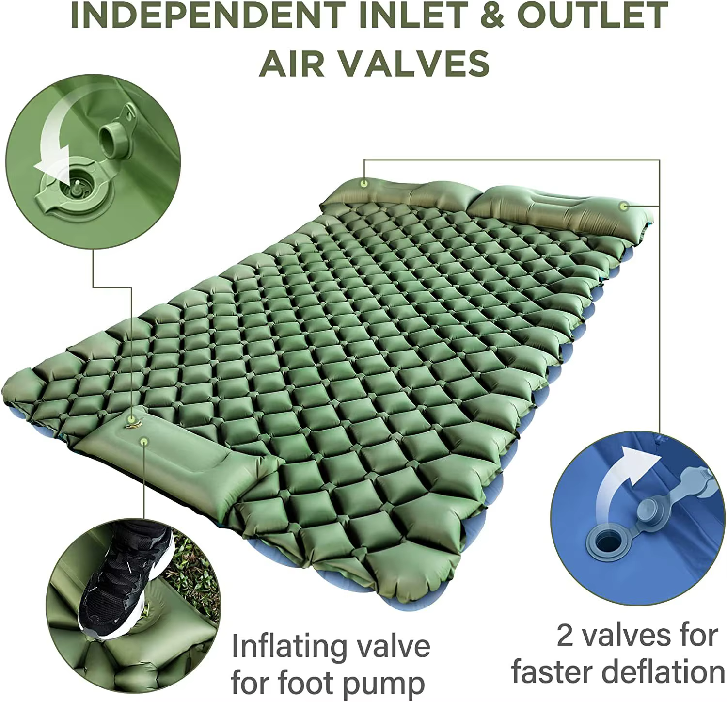 Matelas gonflable de camping pour 2 personnes avec pompe intégrée à commande au pied et oreiller