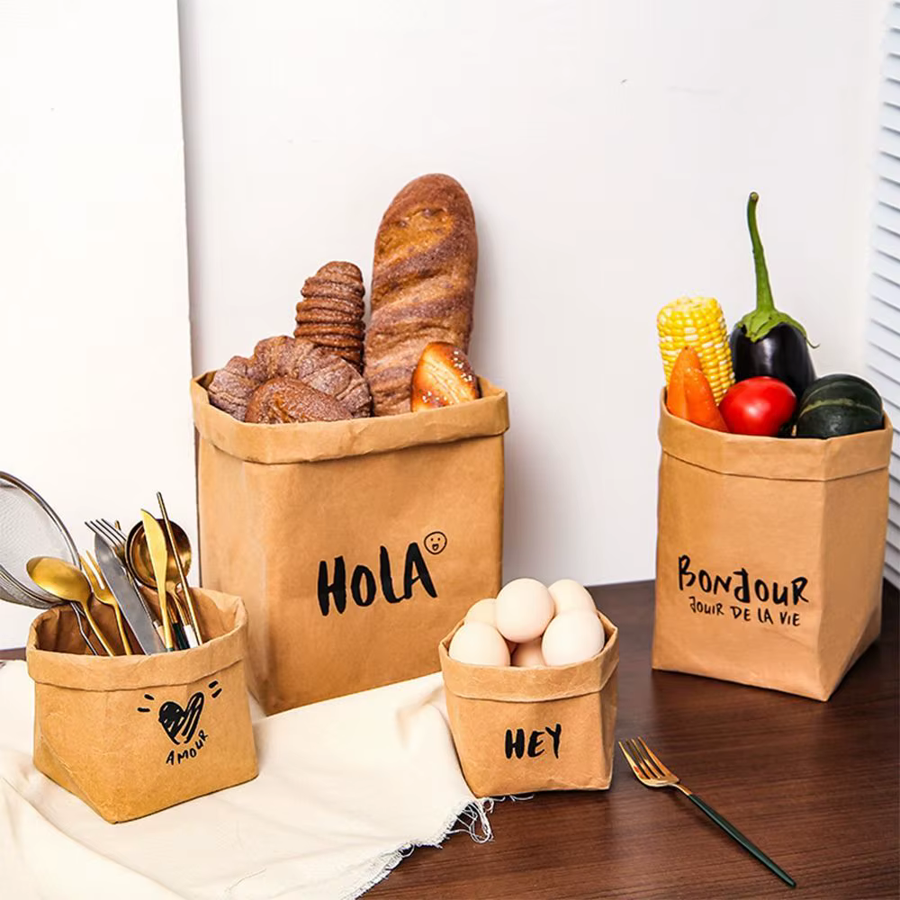 Sac en papier kraft durable et réutilisable, grande capacité, épais, carré, pour plats à emporter, lavable, imperméable, pour les courses à domicile