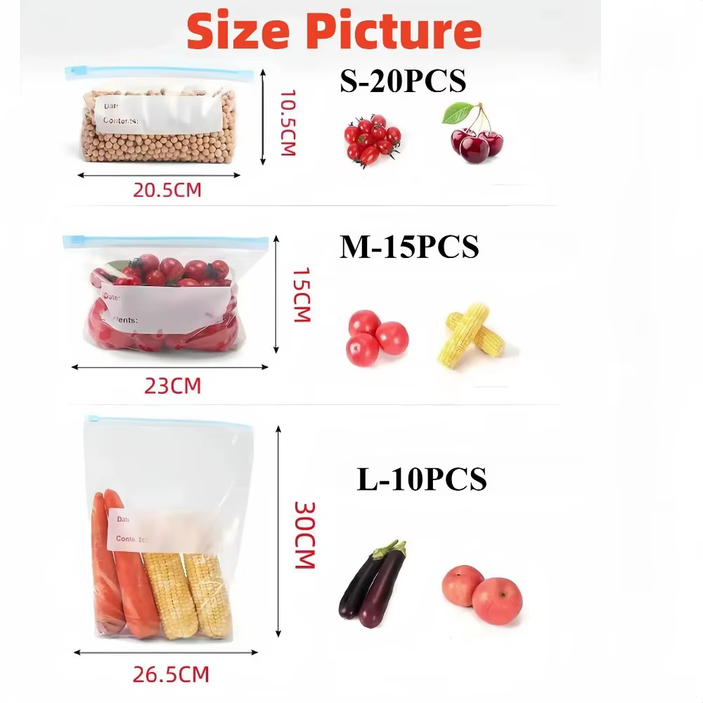 45 pièces sac à fermeture éclair réutilisable Stand Up Zip fermé sac de congélateur en plastique fruits légumes Ziplock cuisine stockage des aliments organisateur pochette