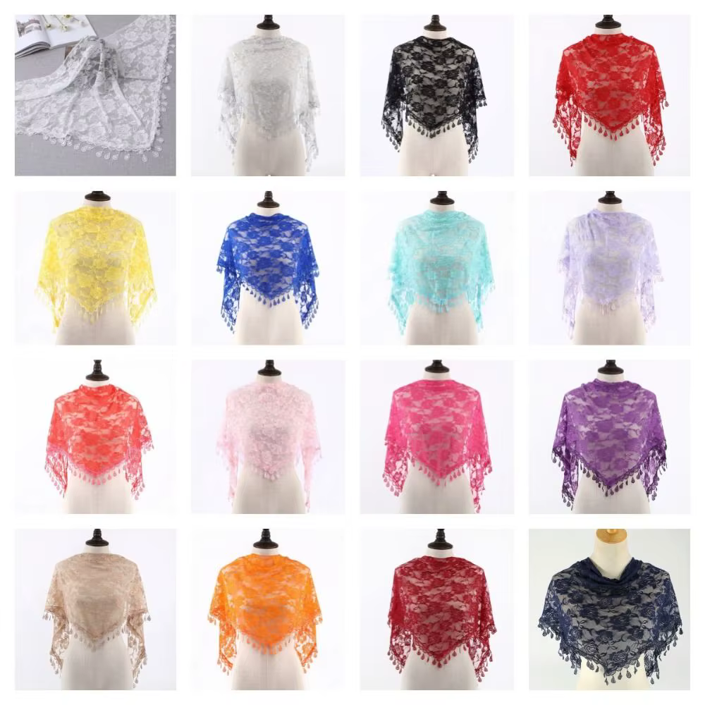 Écharpe en dentelle colorée à protection solaire avec pompons, bandeau imprimé style pastoral, bandeau triangulaire fleuri pour l'église