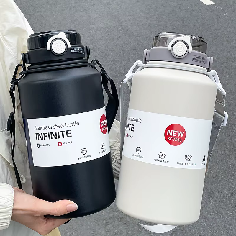 Bouteille isotherme en acier inoxydable grande capacité 800 ml/2000 ml avec poignée et paille