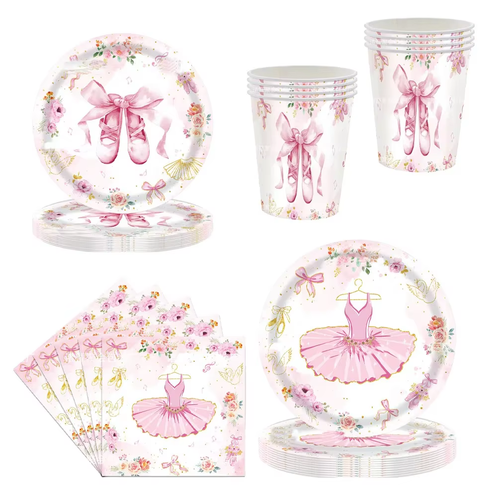 Anniversaire Décoration Danse Fille Ballerine Thème Vaisselle Jetable Rose Assiettes Tasses Serviettes Nappe Ballet