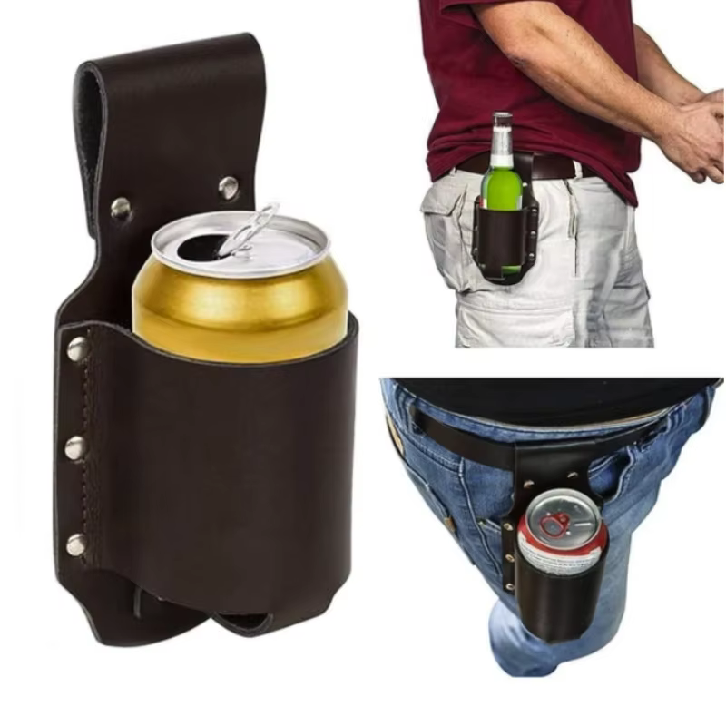 Porte-bouteille de bière portable en cuir pour la taille, support mains libres pour canettes, idéal pour l'escalade, la randonnée, le camping, compatible avec les canettes de 350 ml et 600 ml