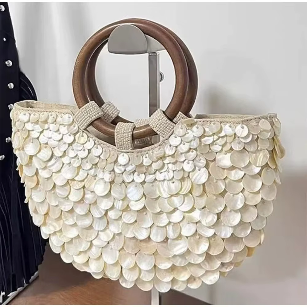 Sac perlé féerique fait à la main Embellissements de coquille de grande capacité Sac à bandoulière tissé 