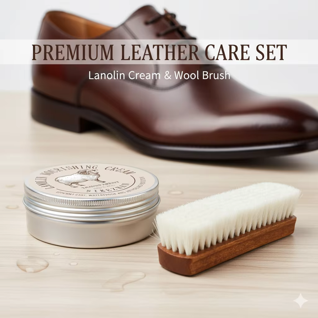 Kit de conditionneur et de cire pour cuir d'huile de mouton, avec brosse en laine douce, crème d'entretien du lanoline pour chaussures, bottes, meubles, sacs et canapé