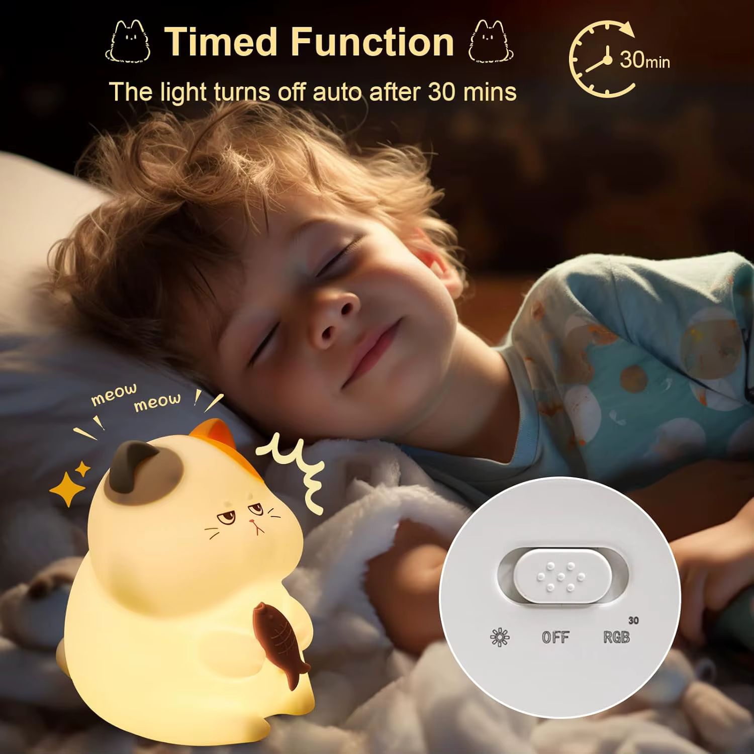 Veilleuse chat Gourmand, lampe Pat-Pat ambiante, Rechargeable, minuterie, idéale pour la décoration de la maison, choix cadeau parfait