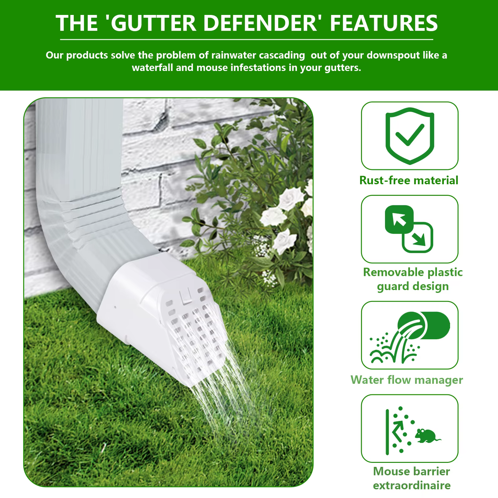 Protection anti-rongeurs pour gouttières, conçue pour une installation horizontale, compatible avec les gouttières carrées de 2x3 et 3x4 pouces.