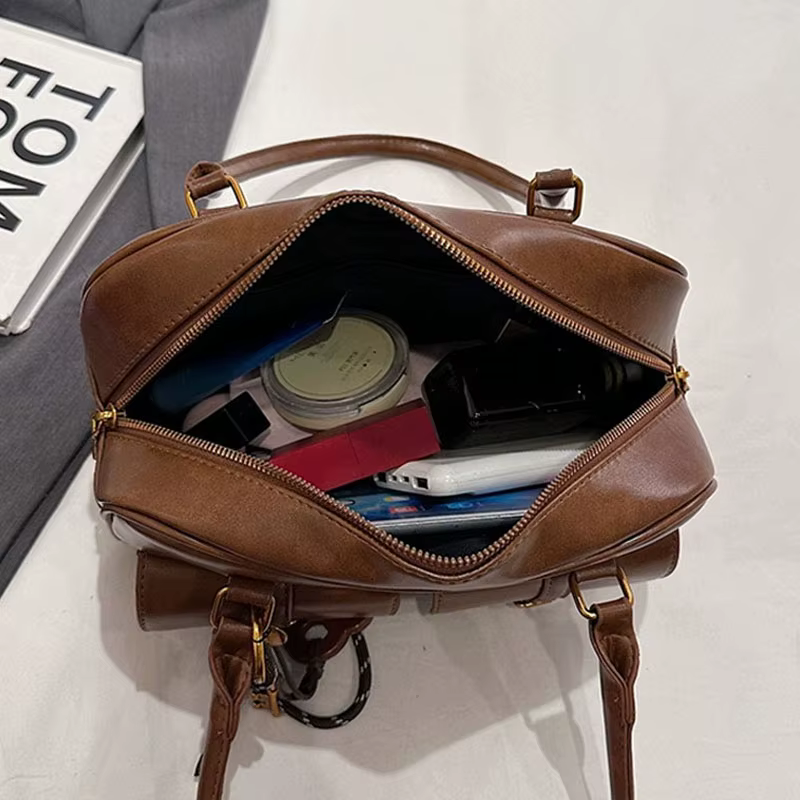 Sac à bandoulière rétro en cuir de couleur unie pour femmes, 1 pièce, sac à main avec plusieurs poches, grande capacité, livré avec un accessoire détachable