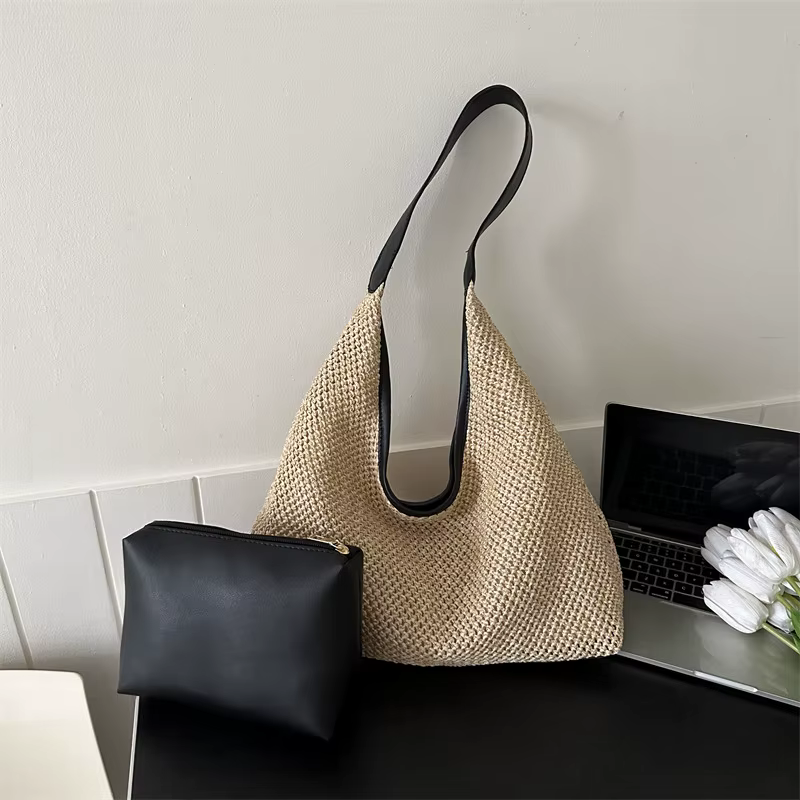 Sac de plage en paille tissé, décontracté, populaire, à la mode, asymétrique, épaule dénudée, bord de mer, voyage, livraison directe, été, 2024