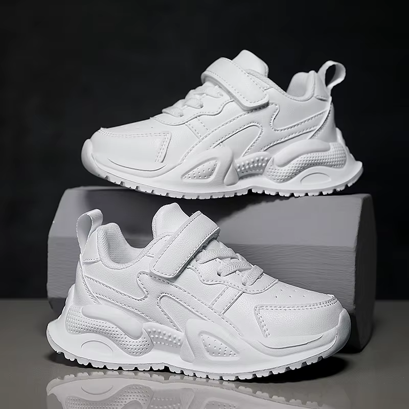 Chaussures en cuir blanches pour enfants, baskets décontractées pour garçons et filles, respirantes, pour l'extérieur, l'école, la marche, antidérapantes, chaussures de course et de sport
