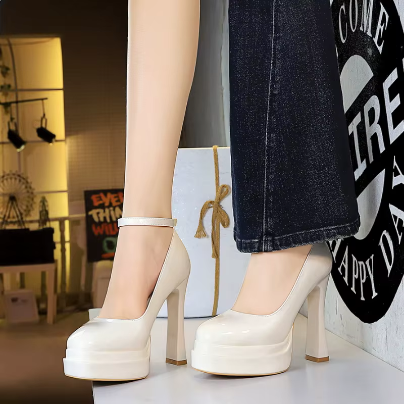 Chaussures simples à bout rond pour femmes, avec talons hauts, Double couche, plateforme imperméable, cuir verni, bande lumineuse, une longueur
