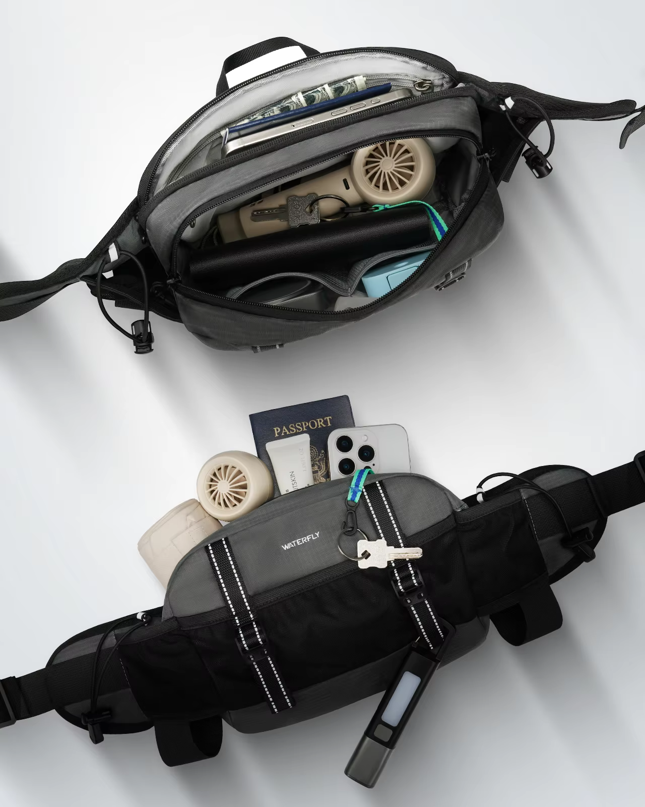 WATERFLY Sac banane de randonnée 3L – Sac de taille avec 2 porte-bouteilles et 9 poches