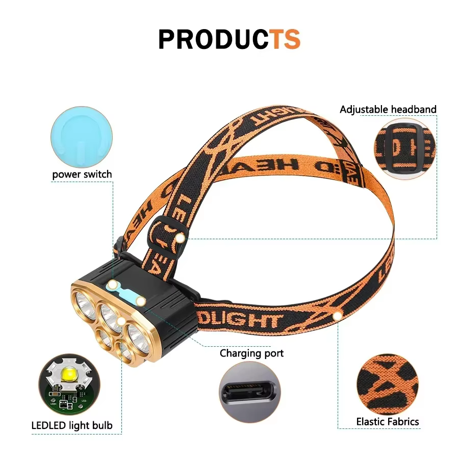 Lampe frontale puissante à 5 LED