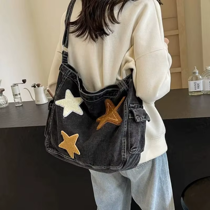 Sac à bandoulière en Denim brodé étoile rétro japonaise