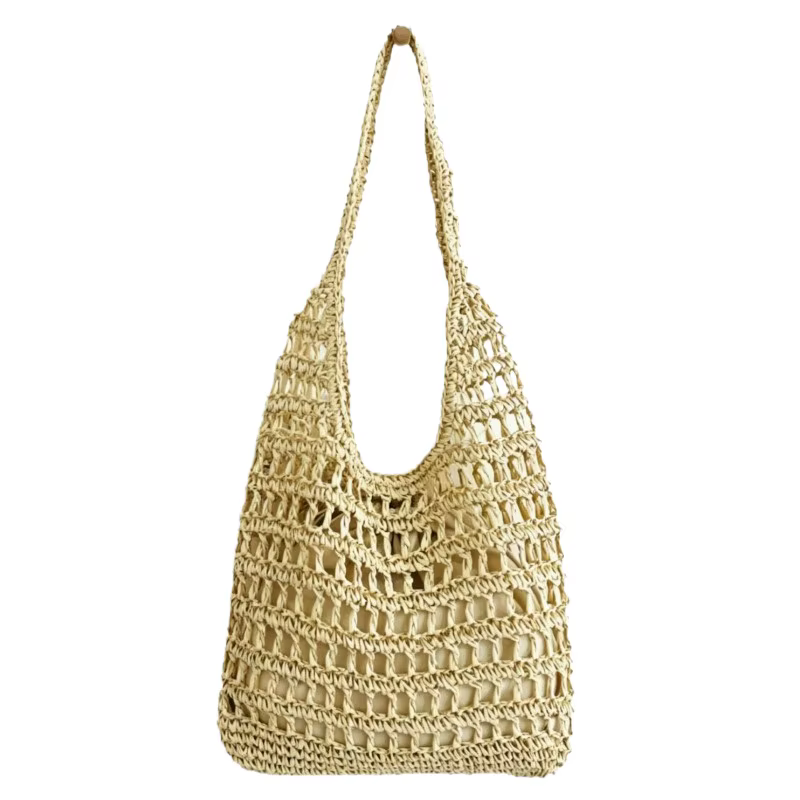Sac à bandoulière de plage en paille pour femme, grande capacité, tissé à la main, ajouré, pour les vacances d'été, style minimaliste