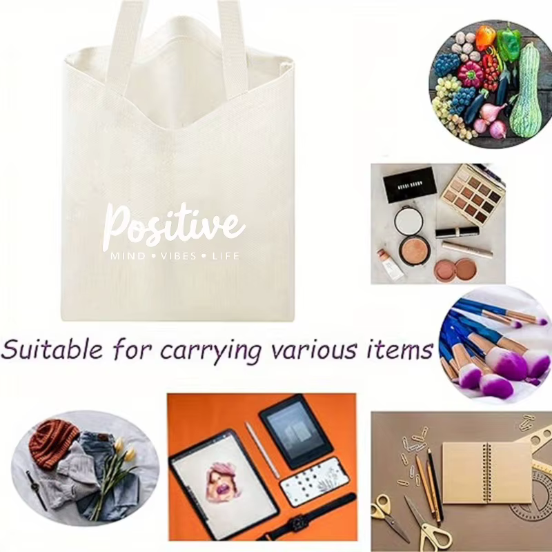 Sac fourre-tout en toile de couleur crème avec slogan vivant mindset positif imprimé sur le devant