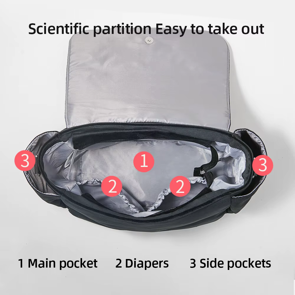 Sunveno-Sac à couches en velours côtelé noir pour poussette, sac à bandoulière grande capacité pour maman, pratique et classique