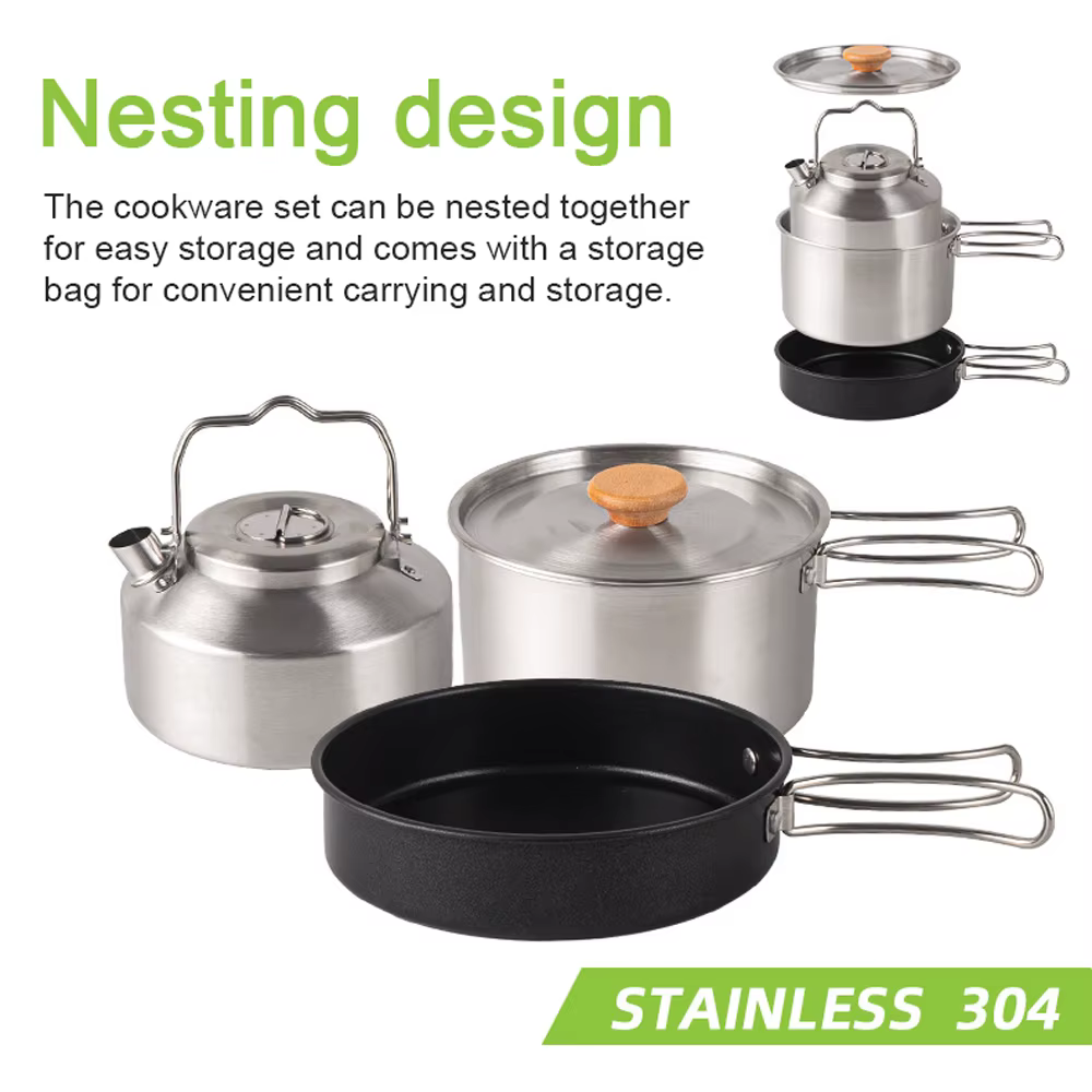Ensemble d'ustensiles de cuisine de camping, kit de batterie de cuisine de pique-nique en plein air, marmite en acier inoxydable, poêle à frire, ensemble de bouilloire, accessoire de cuisine de voyage