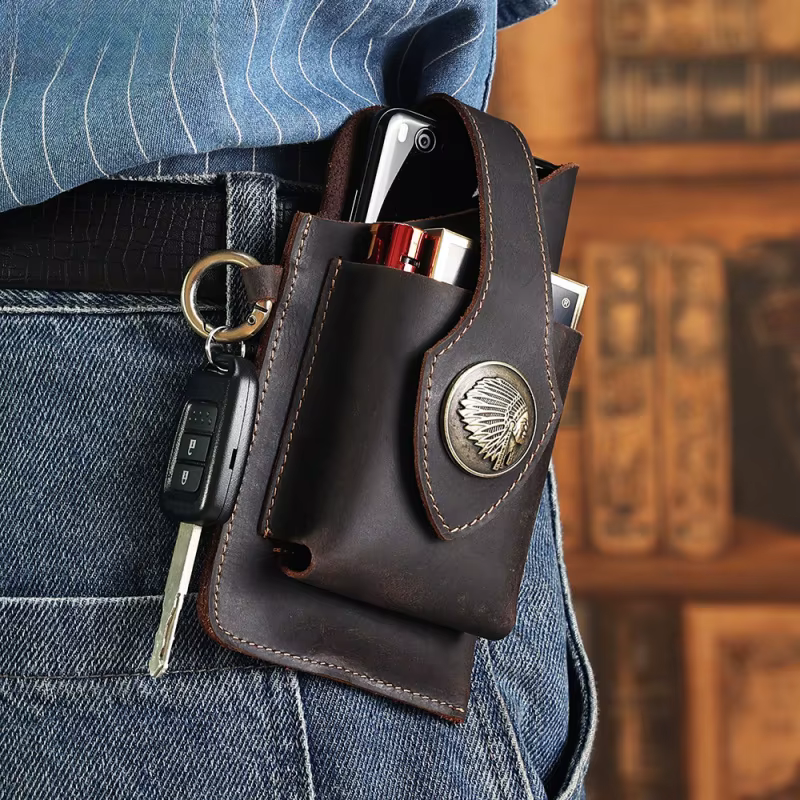 Sac de téléphone portable en cuir - Sac vintage en cuir de vachette pour homme - Sac banane tactique pour sports de plein air - Sac banane en cuir pour homme pour téléphone portable
