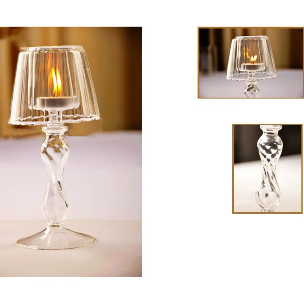 Chandelier rayé en verre à pieds hauts, bougeoir en forme de lampe d'art créatif, candélabre artisanal Transparent délicat