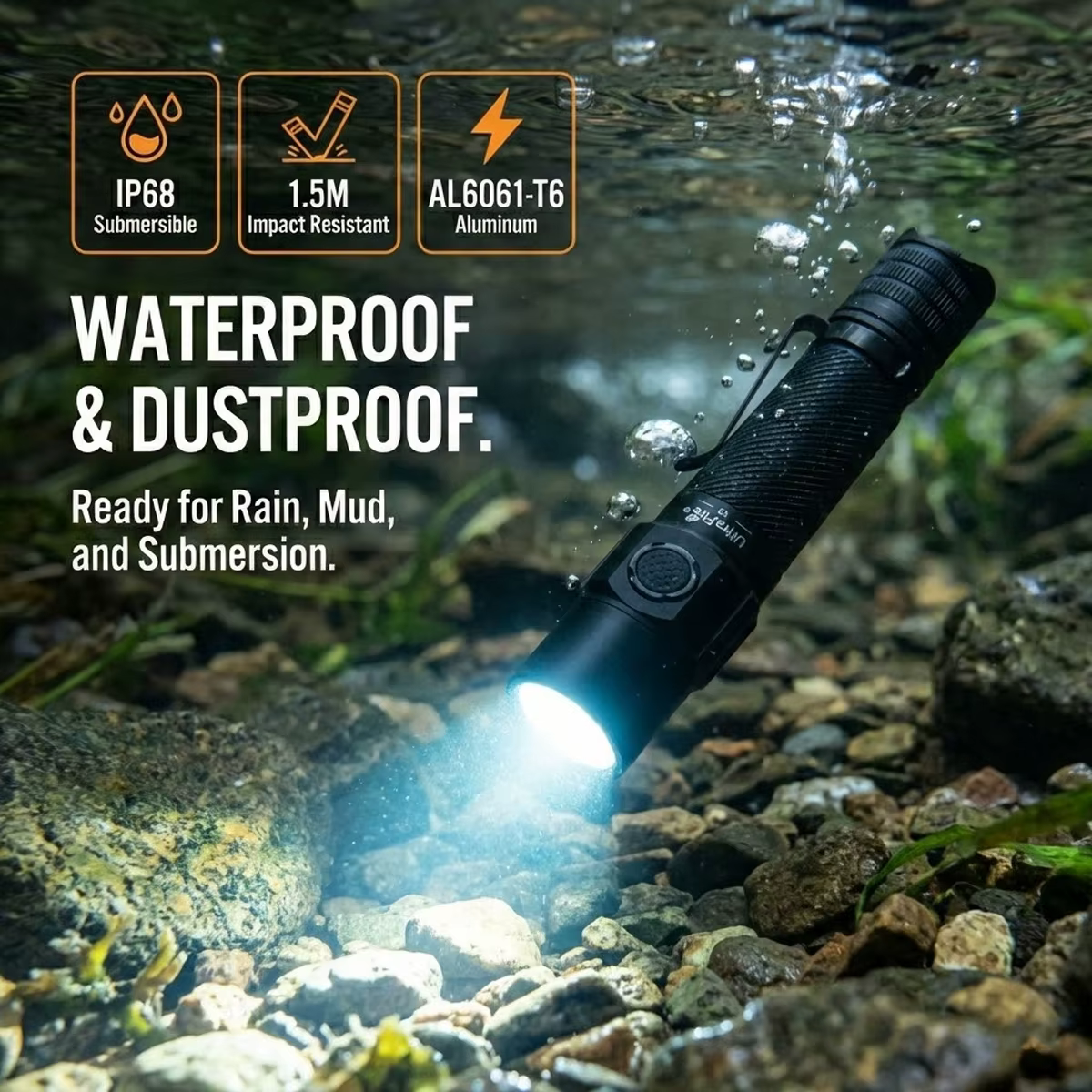 T5 Lampe Torche Tactique 1800 Lumens Double Interrupteur LED USB-C Rechargeable IP68 Police Sécurité EDC