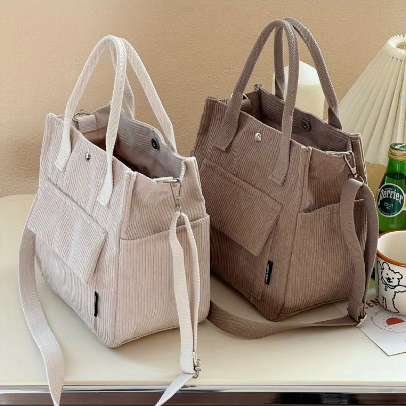 Sac fourre-tout en velours côtelé lavable à la main avec plusieurs poches, sac à bandoulière ou à bandoulière quotidien, cartable de couleur unie pour un usage quotidien