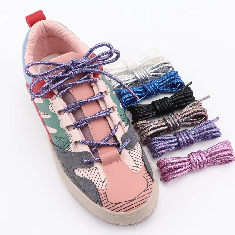 Lacets ronds métalliques scintillants or et argent, lacets de chaussures en soie brillante pour le sport et les loisirs, lacets colorés dégradés arc-en-ciel