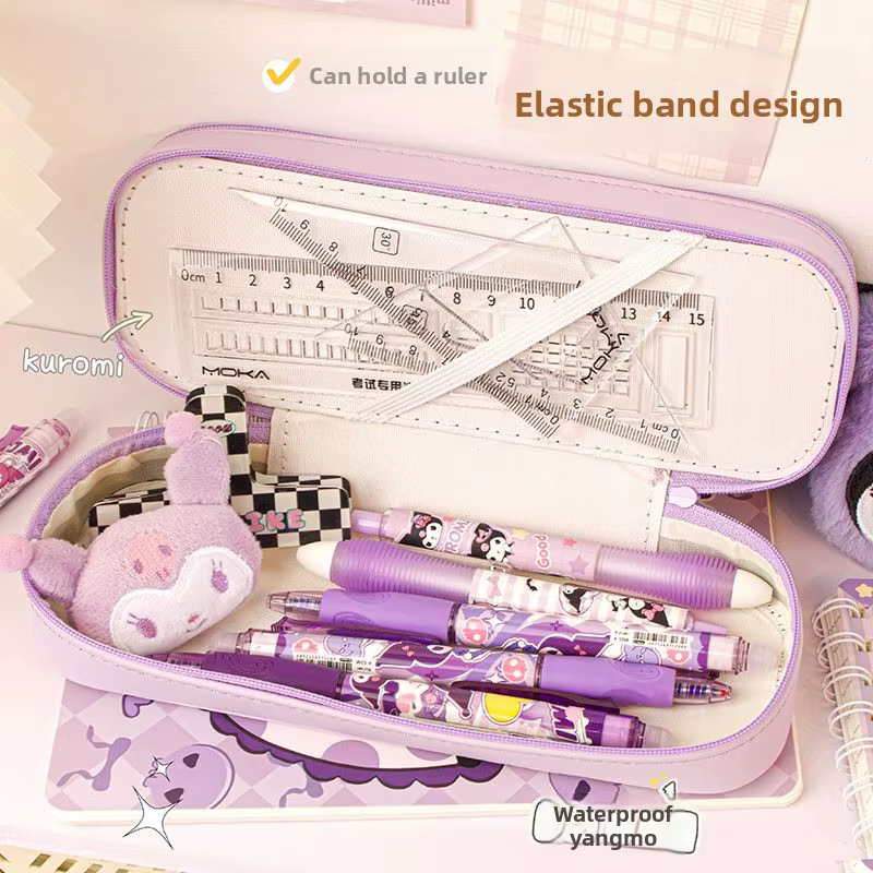 Trousse à crayons double compartiment inspirée de Kuromi, personnage d'anime Kawaii, pour marqueurs, gommes, règles - Vente en gros