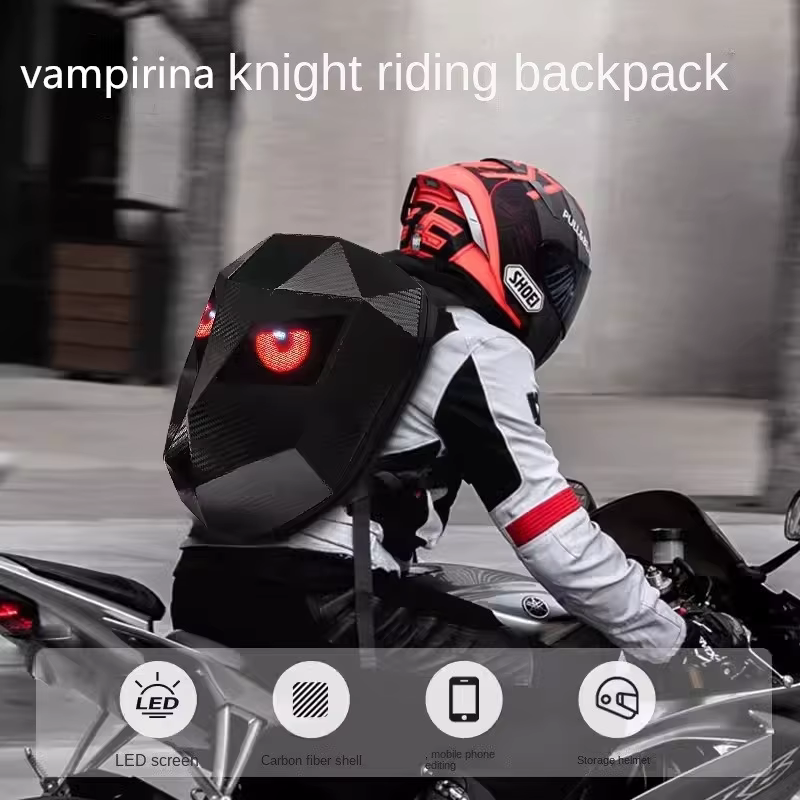 LED Moto Rider sac à dos yeux lueur modèle fibre de carbone texture casque locomotive sac à dos sac d'école