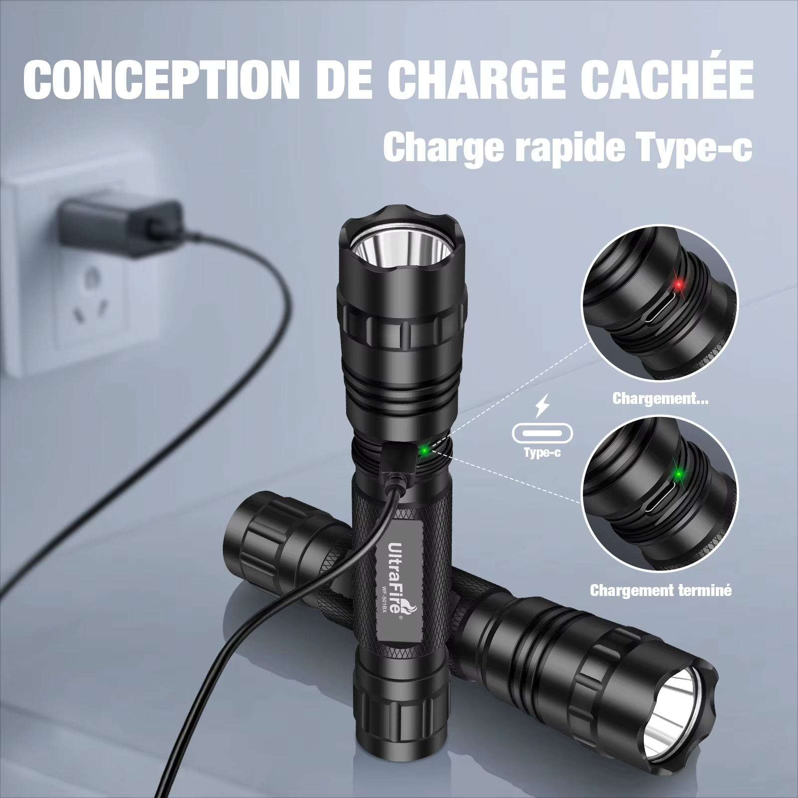 Lampe torche tactique UltraFire WF-501BX avec étui, puissante lampe torche LED de police de 1 200 lumens, rechargeable par USB de type C, pour les urgences quotidiennes