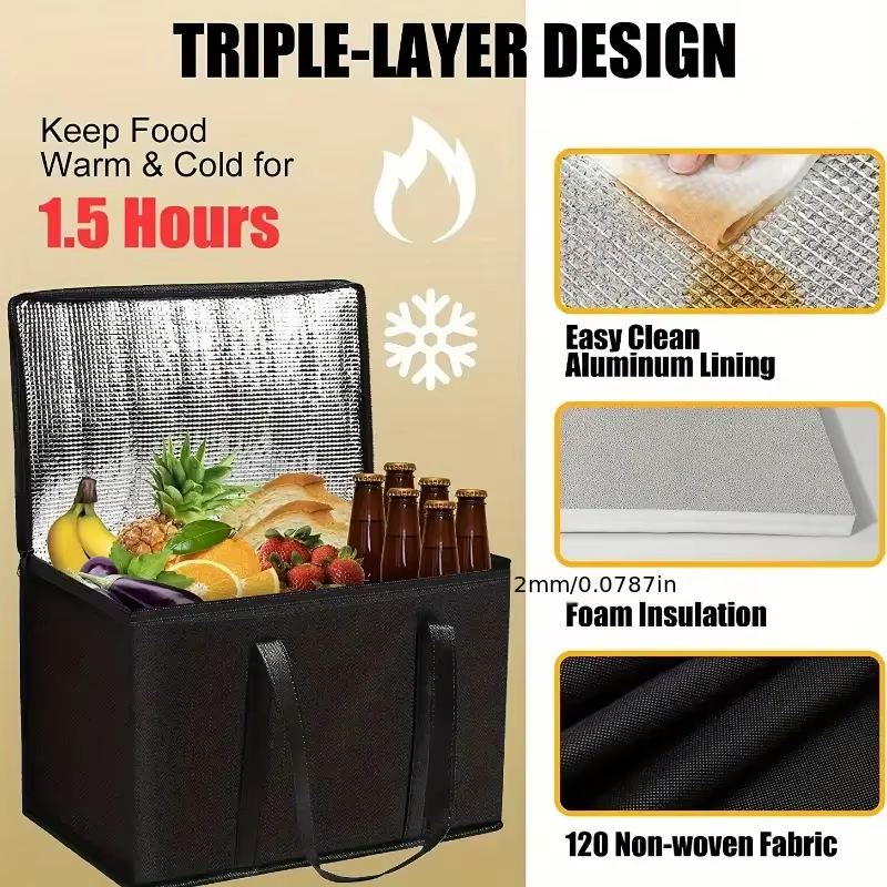 XL/grand sac isotherme : garder les aliments chauds et froids pour les heures – fourre-tout d'épicerie, sac isotherme souple, chauffe-pizza, fermeture éclair légère et robuste