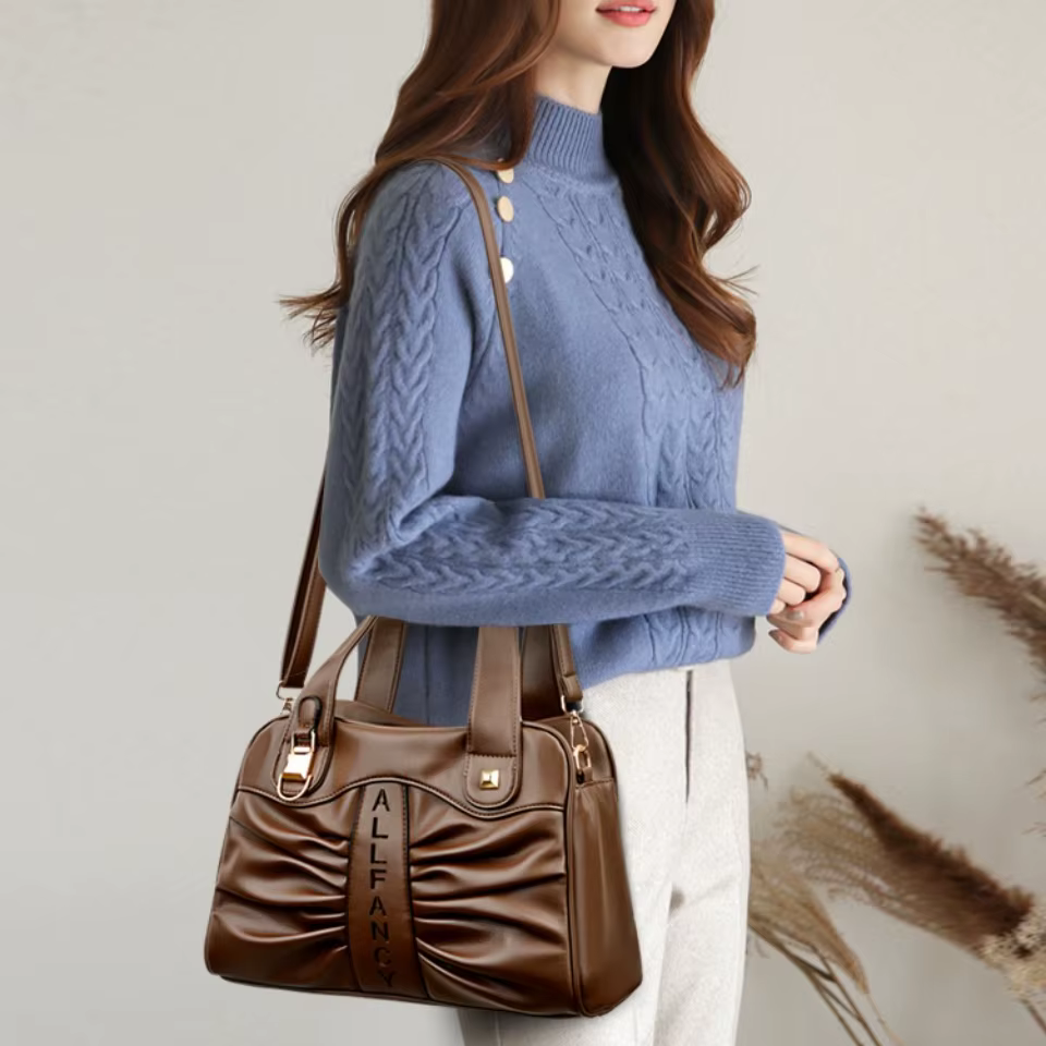 Sac à main en cuir végétalien de qualité supérieure, robuste et résistant à l'usure, avec design plissé, poignée supérieure, sac à bandoulière pour les trajets quotidiens
