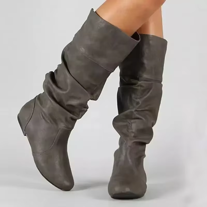 2025 nouvelles femmes bottes plates mode bottes en cuir plissé automne hiver sans lacet mi-mollet chaussures pour femmes marque concepteur bottes hautes