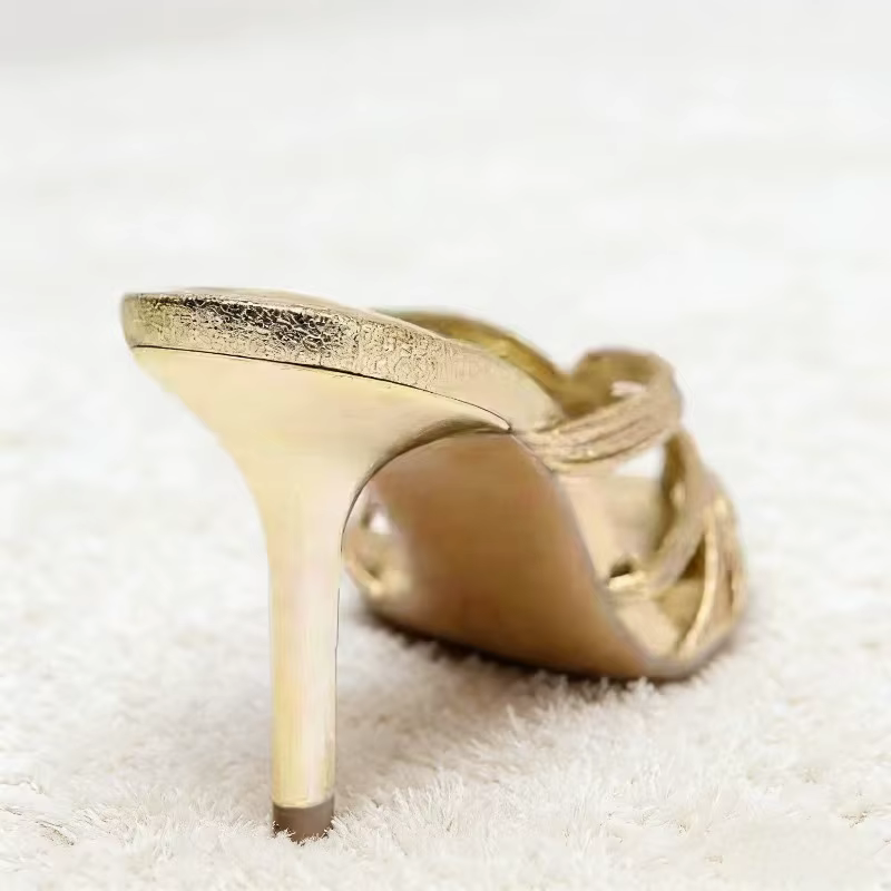 Pantoufles à talons hauts pour femmes, Design à bande étroite dorée, sandales coulissantes à bout pointu et à talons fins, chaussures élégantes pour robe de Banquet