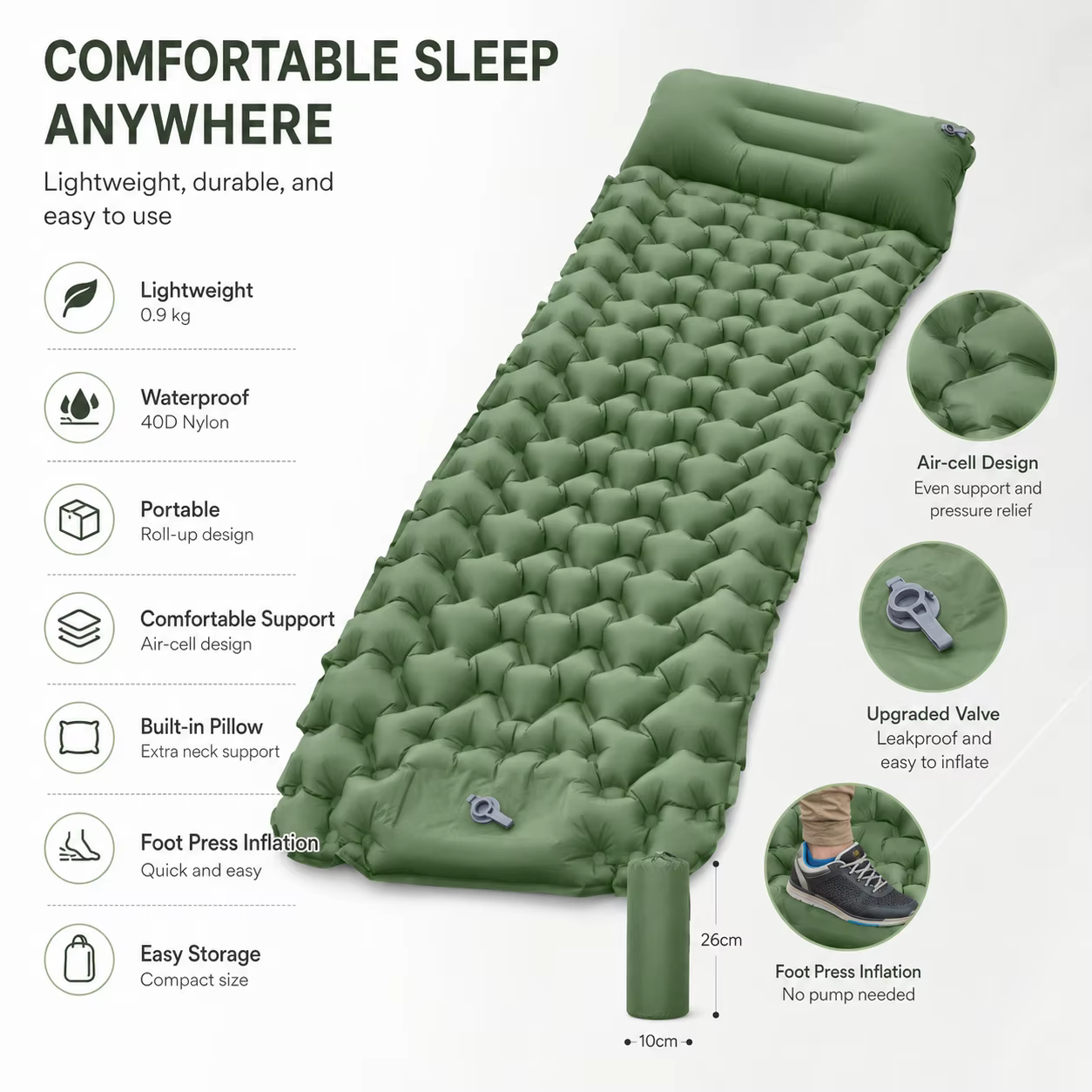 Matelas de camping gonflable avec oreiller