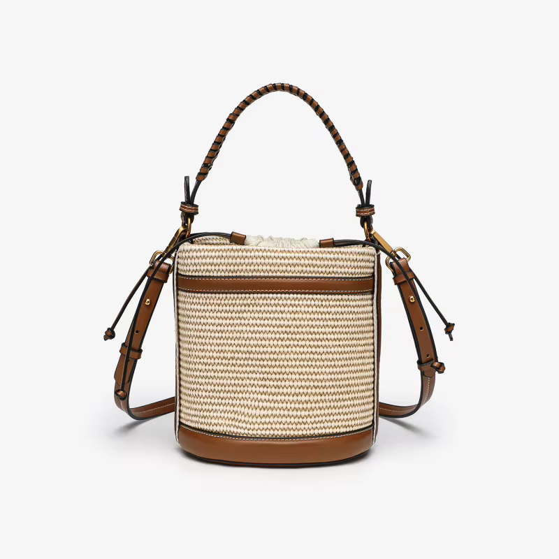 Sac seau tissé color-block avec garniture en cuir pour femme, sac à bandoulière quotidien d'été