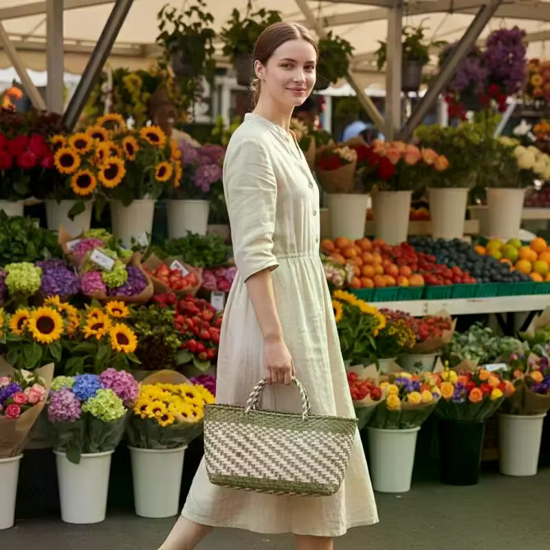 Sac à main en PVC tressé mignon, grande capacité, style bohème, sac de plage, sac de vacances, style campagne, sac panier de courses